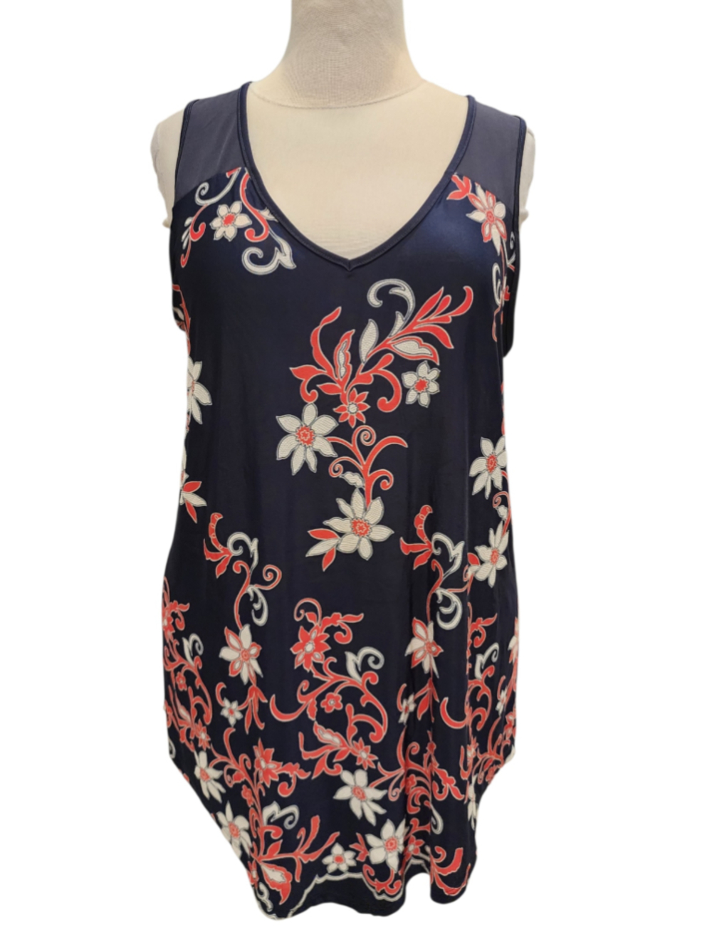 Espresso Womens 2X Floral Tank Top Navy Blue Coral V-Neck Lace Up Back